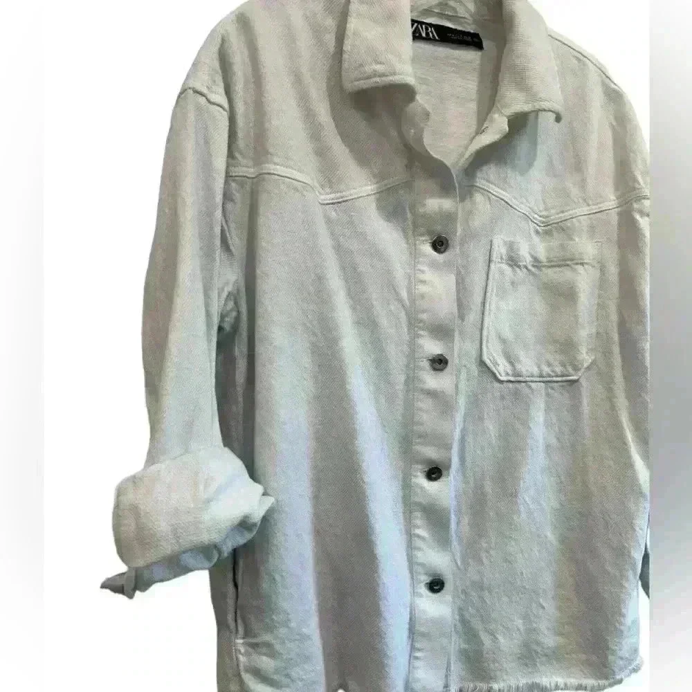 Zara Corduroy Shacket Jacket Cropped Oversized Cotton Cream Large Fringed Hem